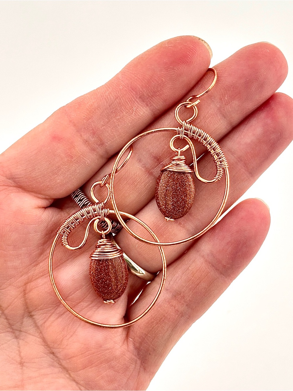 HANDMADE Goldstone Copper Wire Wrapped Dangle Earrings, Artisan Jewelry Gift